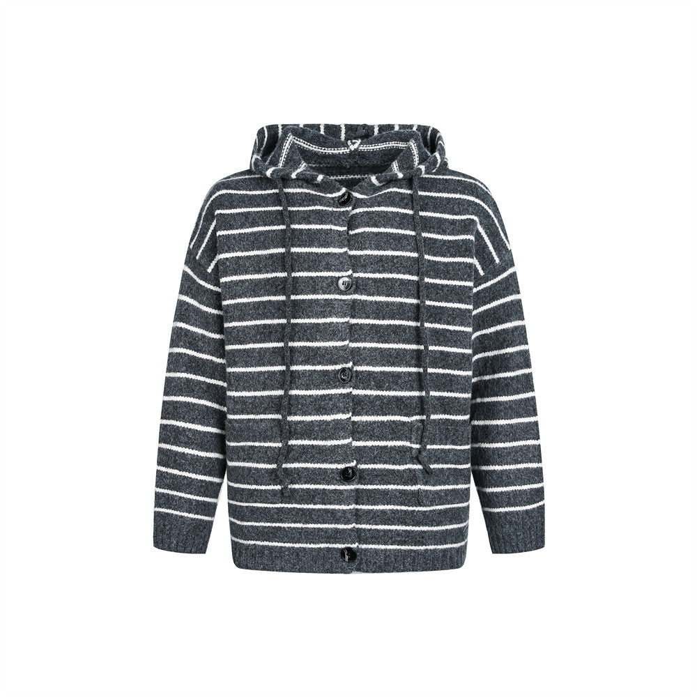Striped hooded knitted sweater jacket