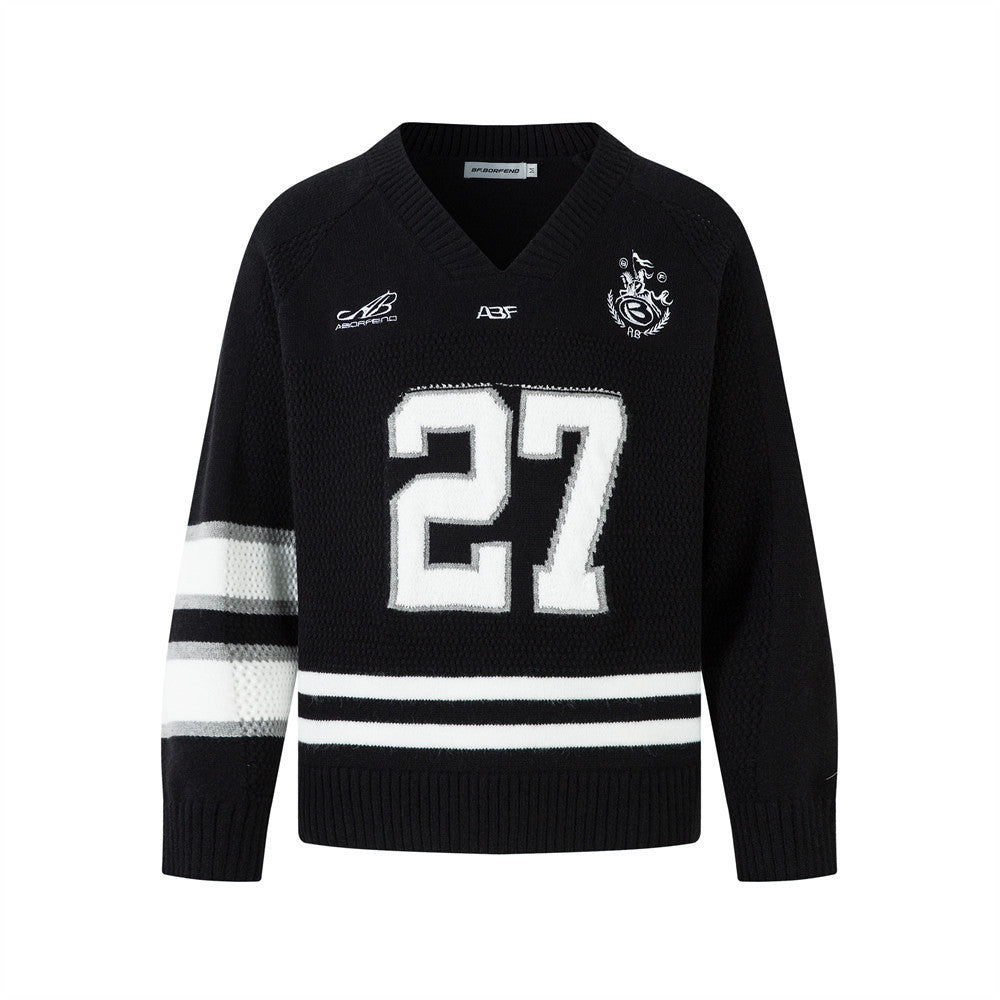 27 digit jacquard V-neck sweater