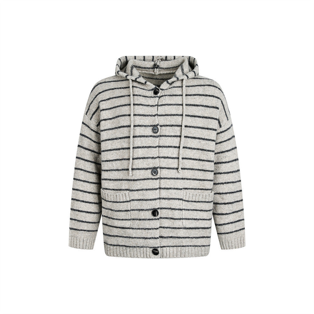 Striped hooded knitted sweater jacket