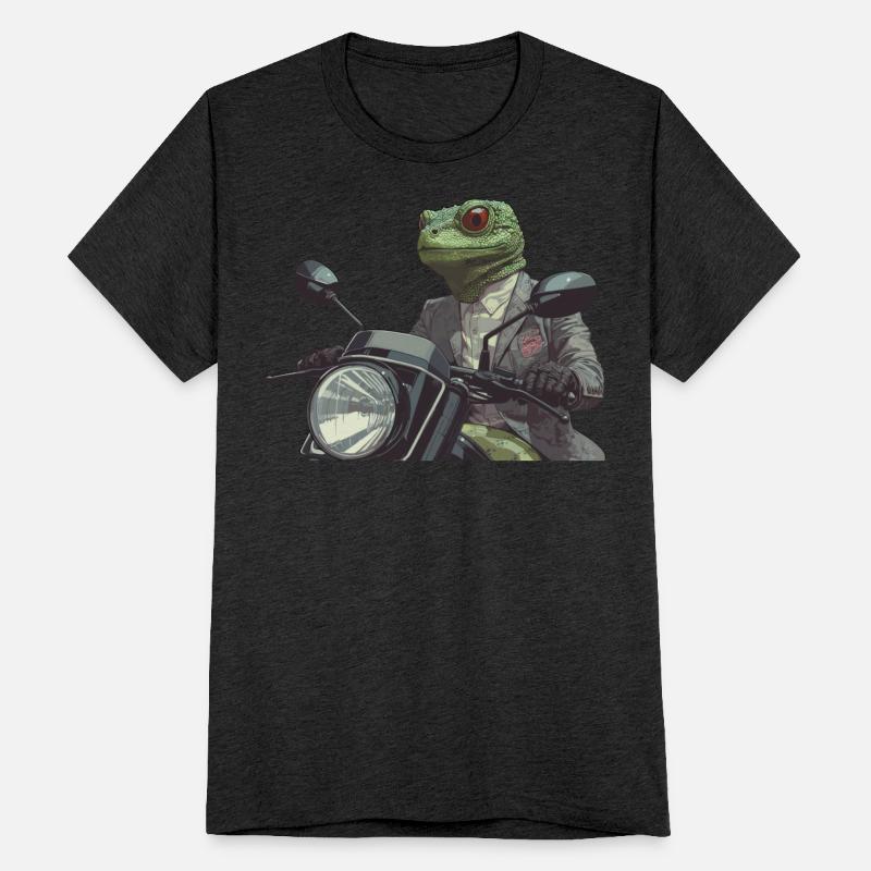 A Well Dressed Green Reptile on a motorcycle