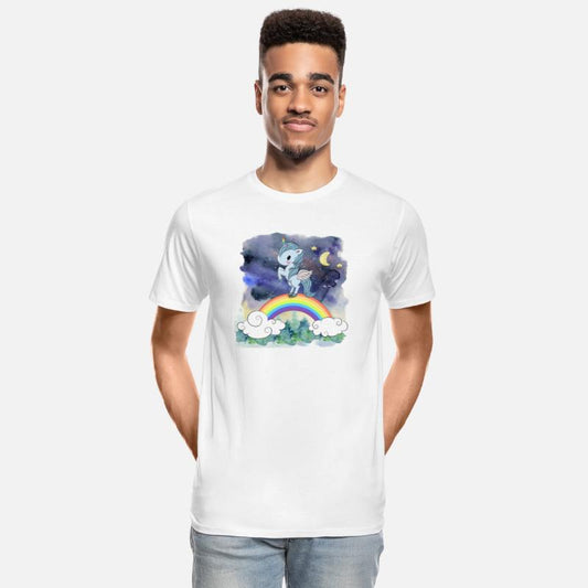 Cute Unicorn Standing Stand At Rainbow With Forest