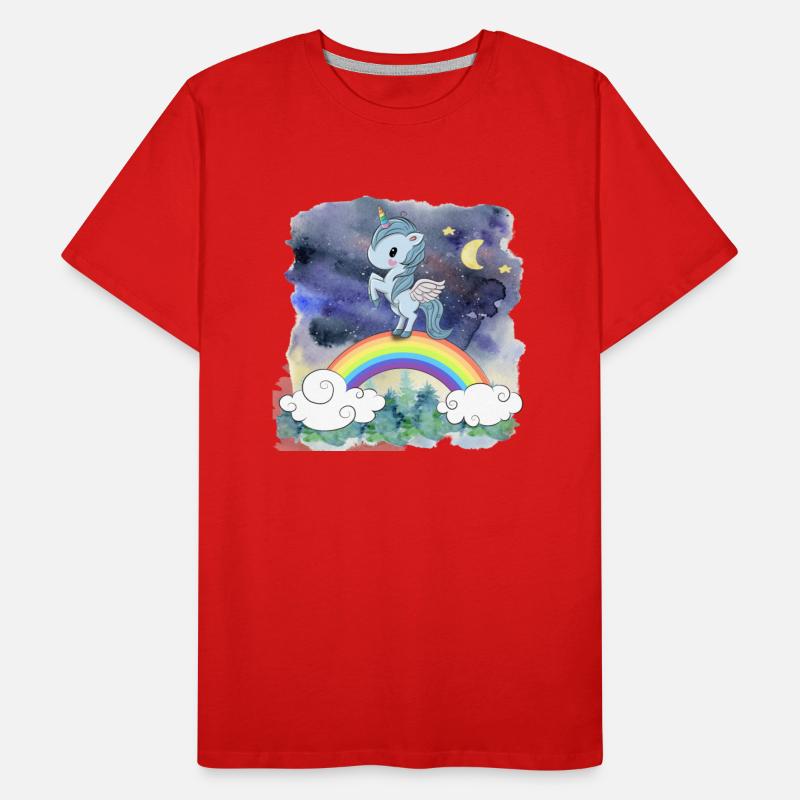 Cute Unicorn Standing Stand At Rainbow With Forest