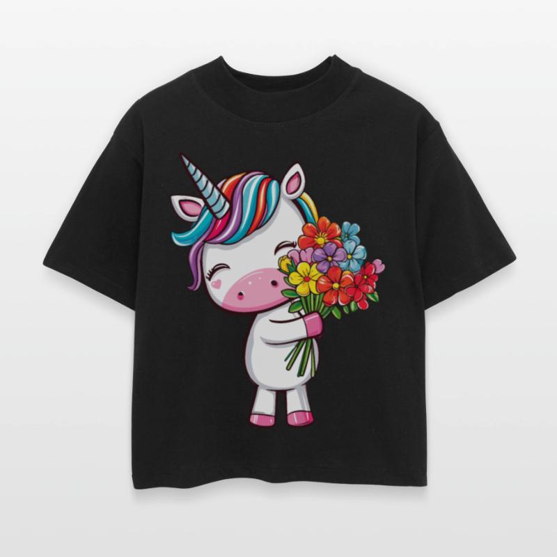 Cute unicorn with a colorful bouquet of flowers