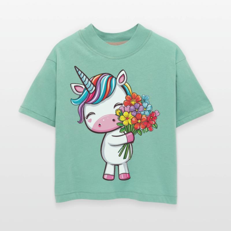 Cute unicorn with a colorful bouquet of flowers