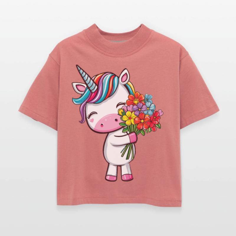 Cute unicorn with a colorful bouquet of flowers