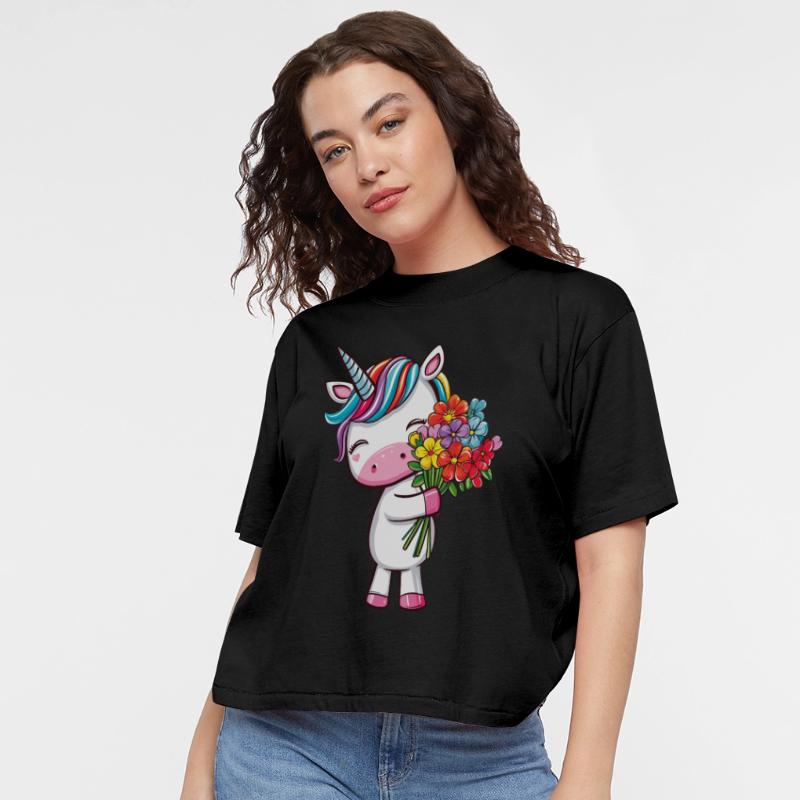 Cute unicorn with a colorful bouquet of flowers