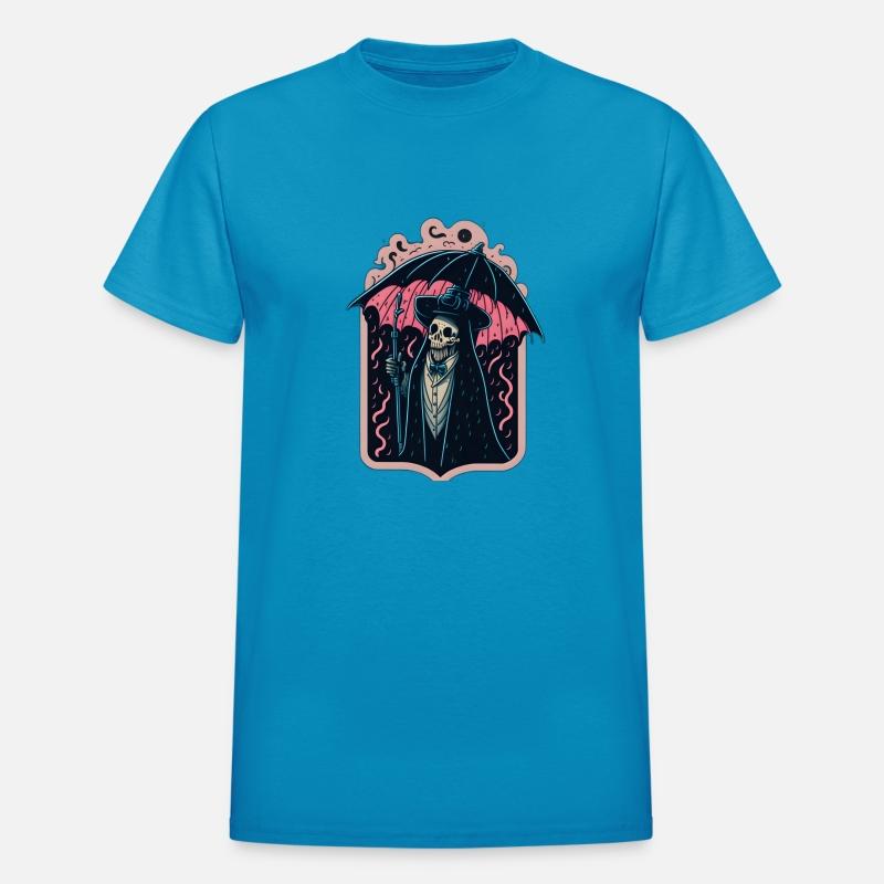 Skeleton in a suit walking in Rainstrom