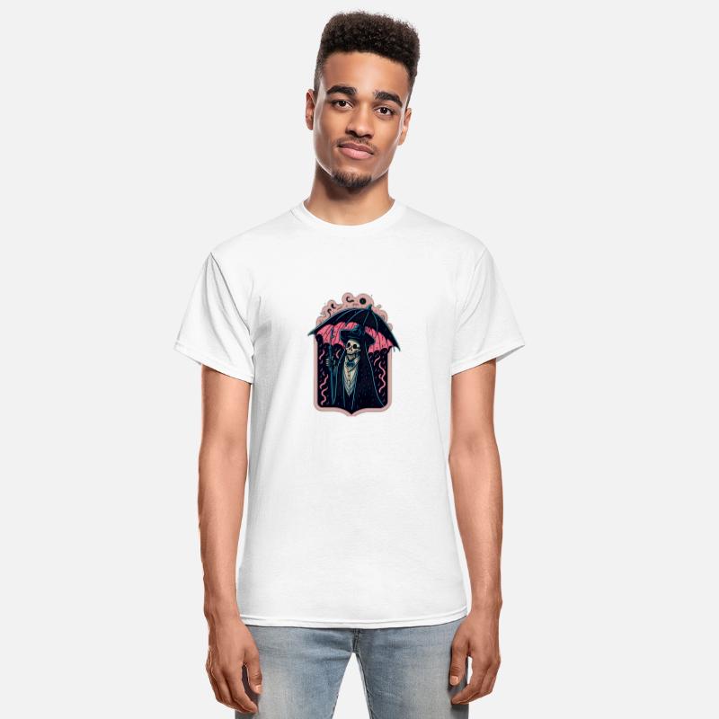 Skeleton in a suit walking in Rainstrom