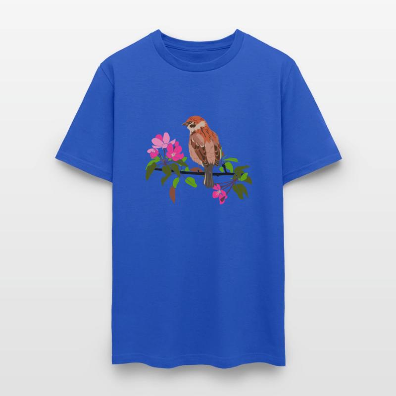 Sparrow on a branch pink flowers of an apple tree