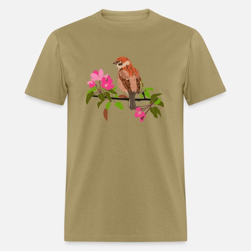 Sparrow on a branch pink flowers of an apple tree