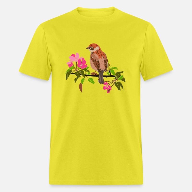 Sparrow on a branch pink flowers of an apple tree