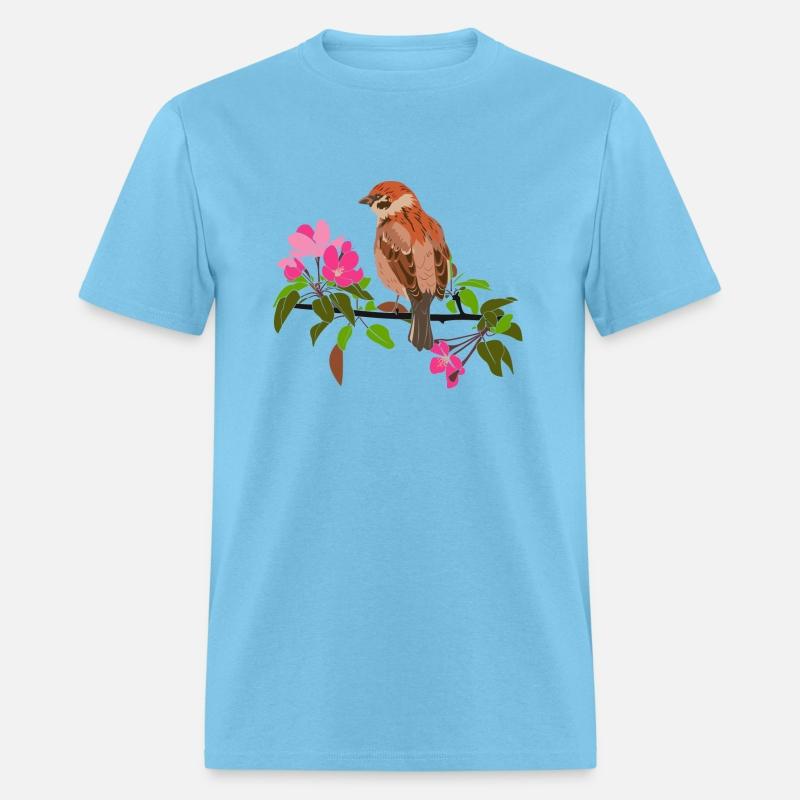 Sparrow on a branch pink flowers of an apple tree