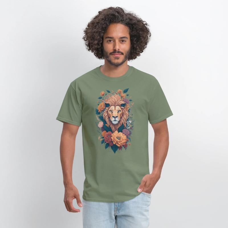 Vintage Lion Head and Flower Splash T-Shirt